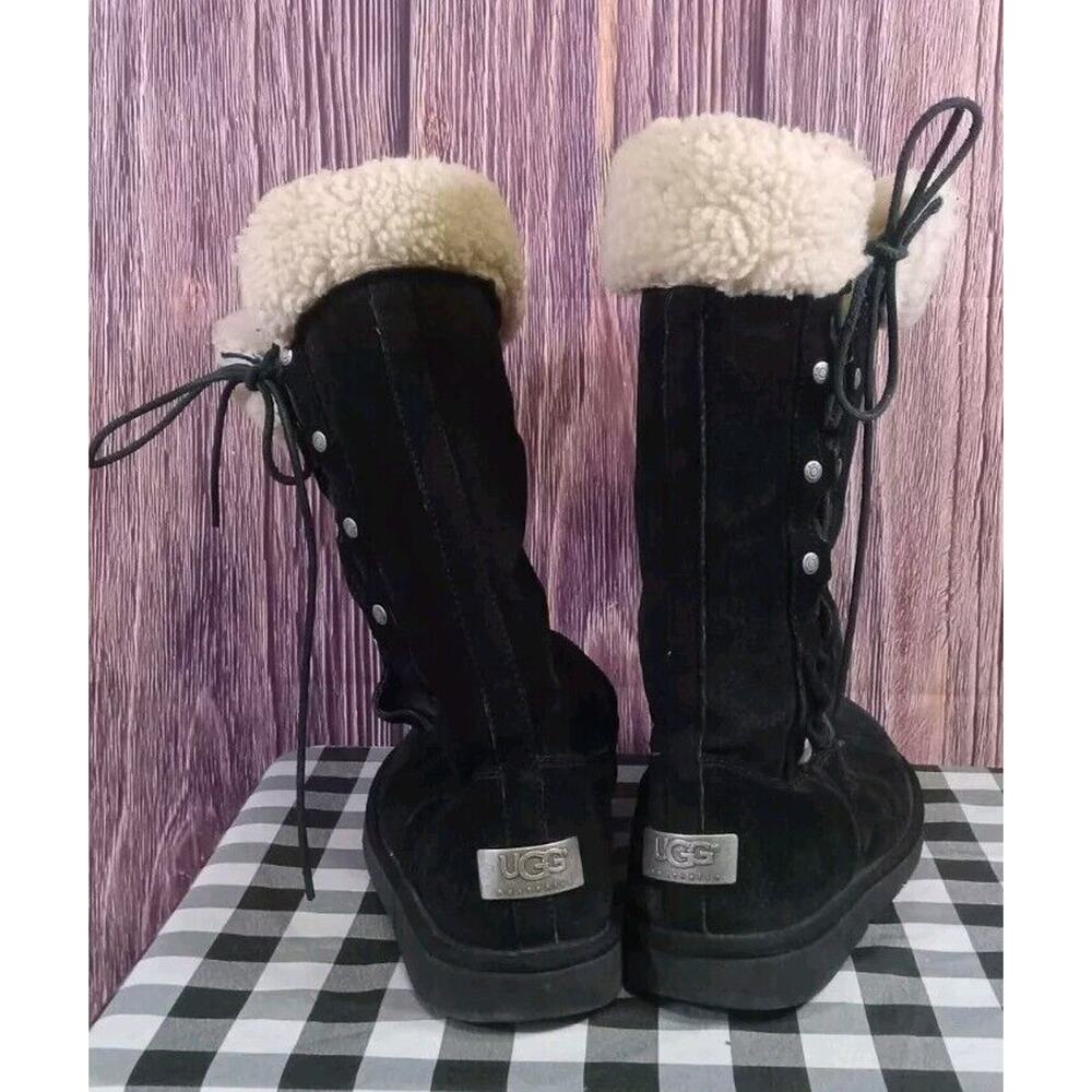 UGG Black Suede Lace-Up Shearling Cuff Boots - Picture 6 of 9